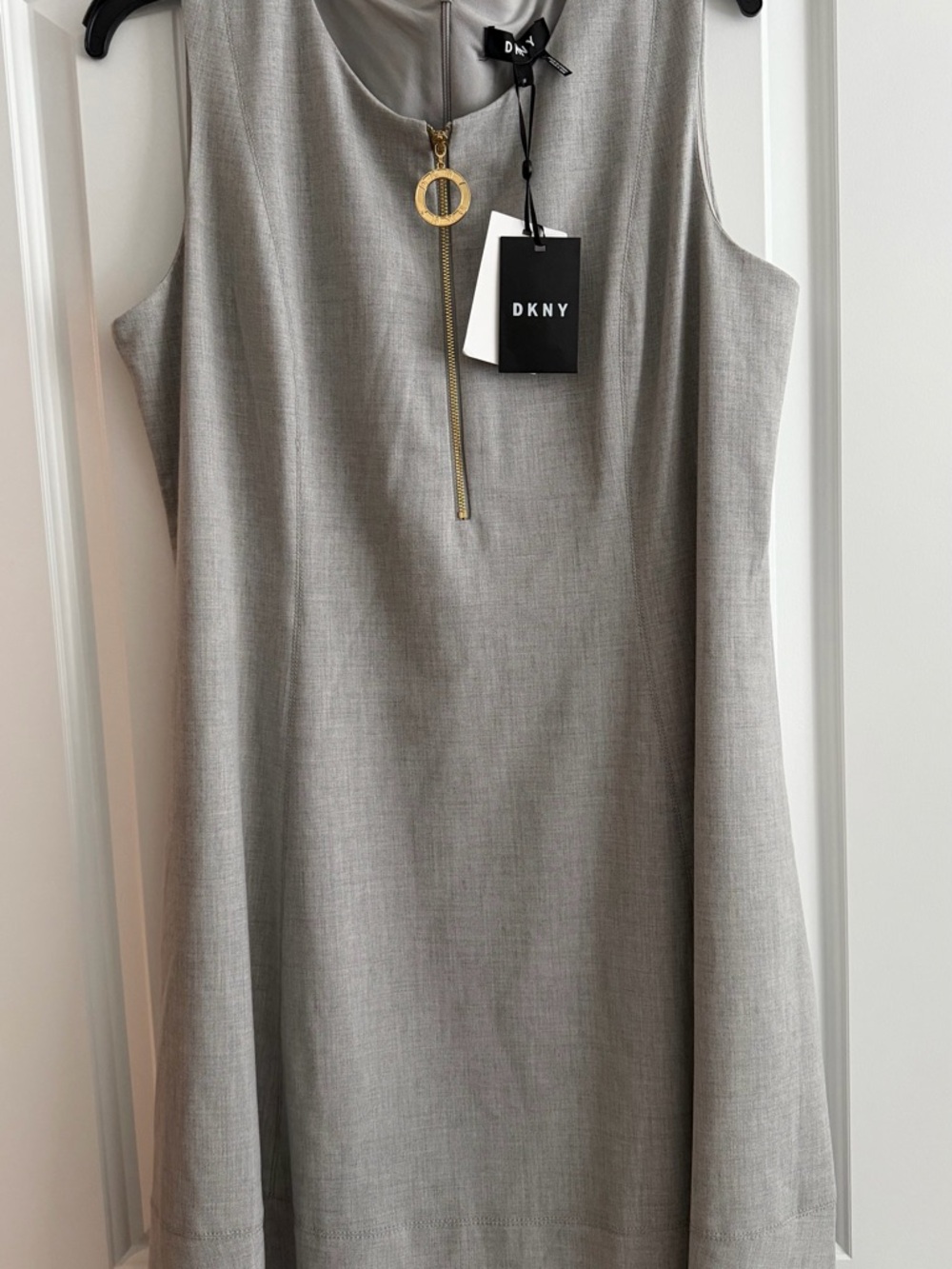 DKNY Light Gray Sleeveless Mini Dress with Gold Ring Zip